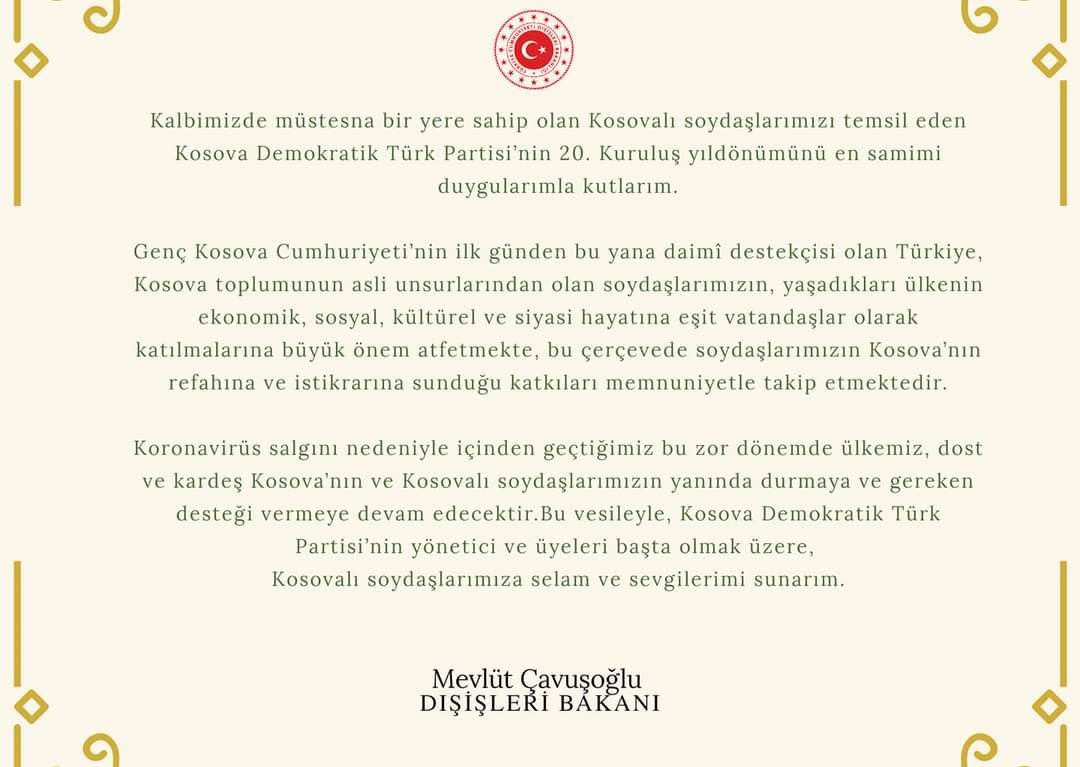 T. C. Dışişleri Bakanı Mevlüt Çavuşoğlu’ndan Tebrik Mesajı
